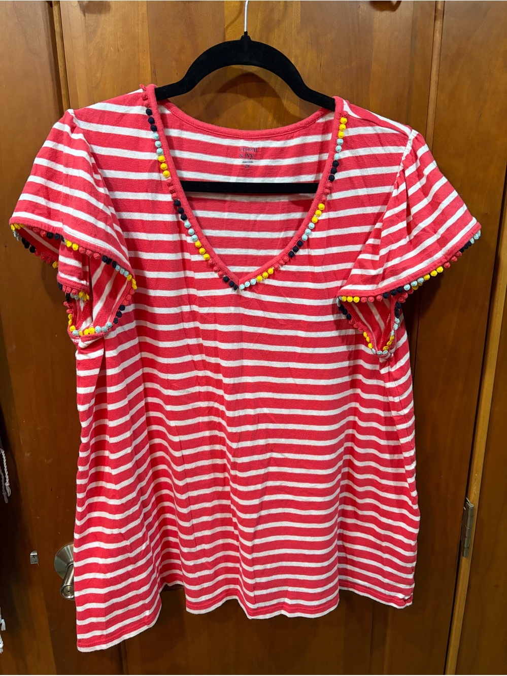 Crown & Ivy Striped V-Neck Pom Pom Trim Tee — Coral Red & White Size 2XL